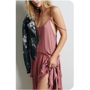Free People Mauve Pink Frayed Hem Asymmetrical Spaghetti Strap Boho Slip Dress